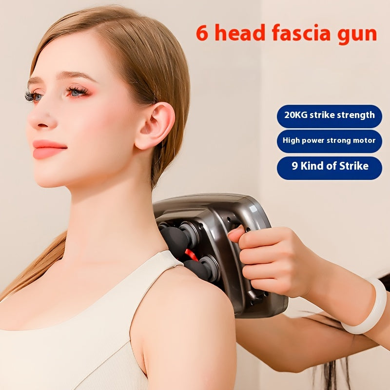 1 dona Professional 6-boshli zarba massaj quroli, LCD displey bilan, USB orqali zaryadlanadigan, 9 ta intensivlik darajalari, jim ishlash - To'liq tana massaji uchun mos.