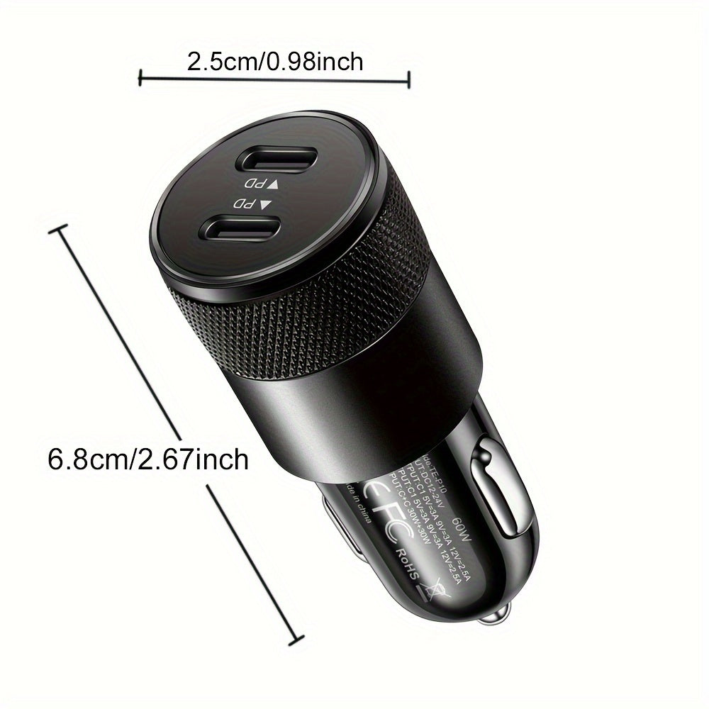 Dual USB-C Car Charger 60W Fast Charging Adapter with Quick Charge 3.0