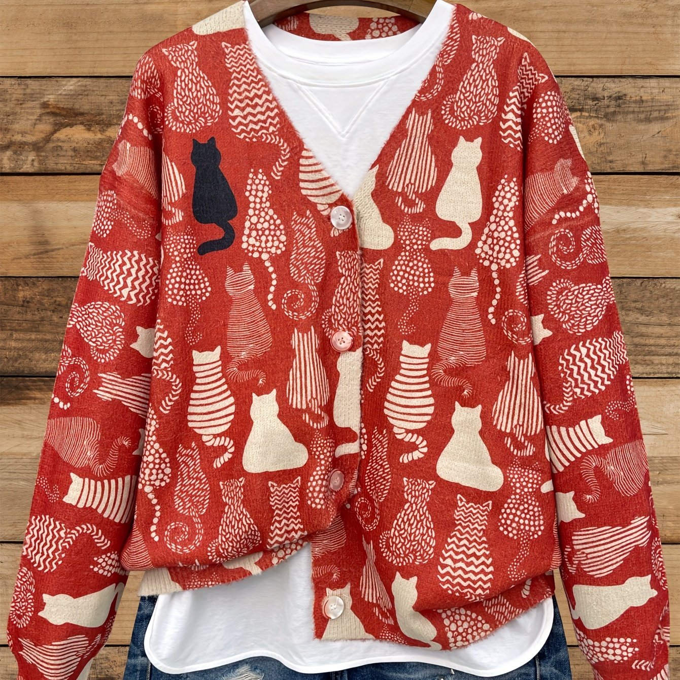 Plus Size Women's Cozy V-Neck Cardigan with Cat Print Long Sleeve Sweater