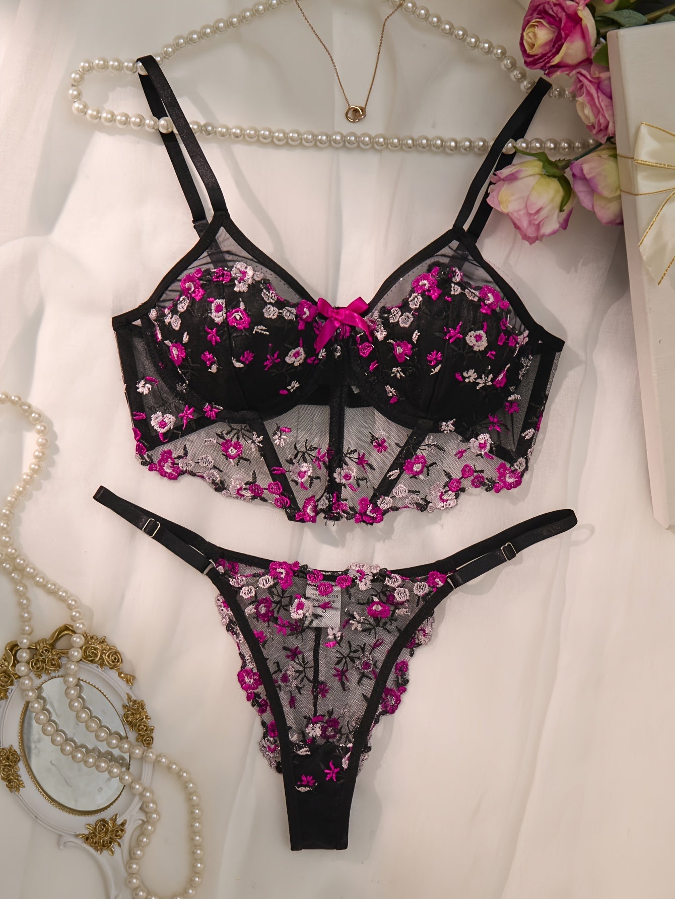 Black Floral Embroidered Lingerie Set with Sheer Mesh Bra and Low-Rise Thong