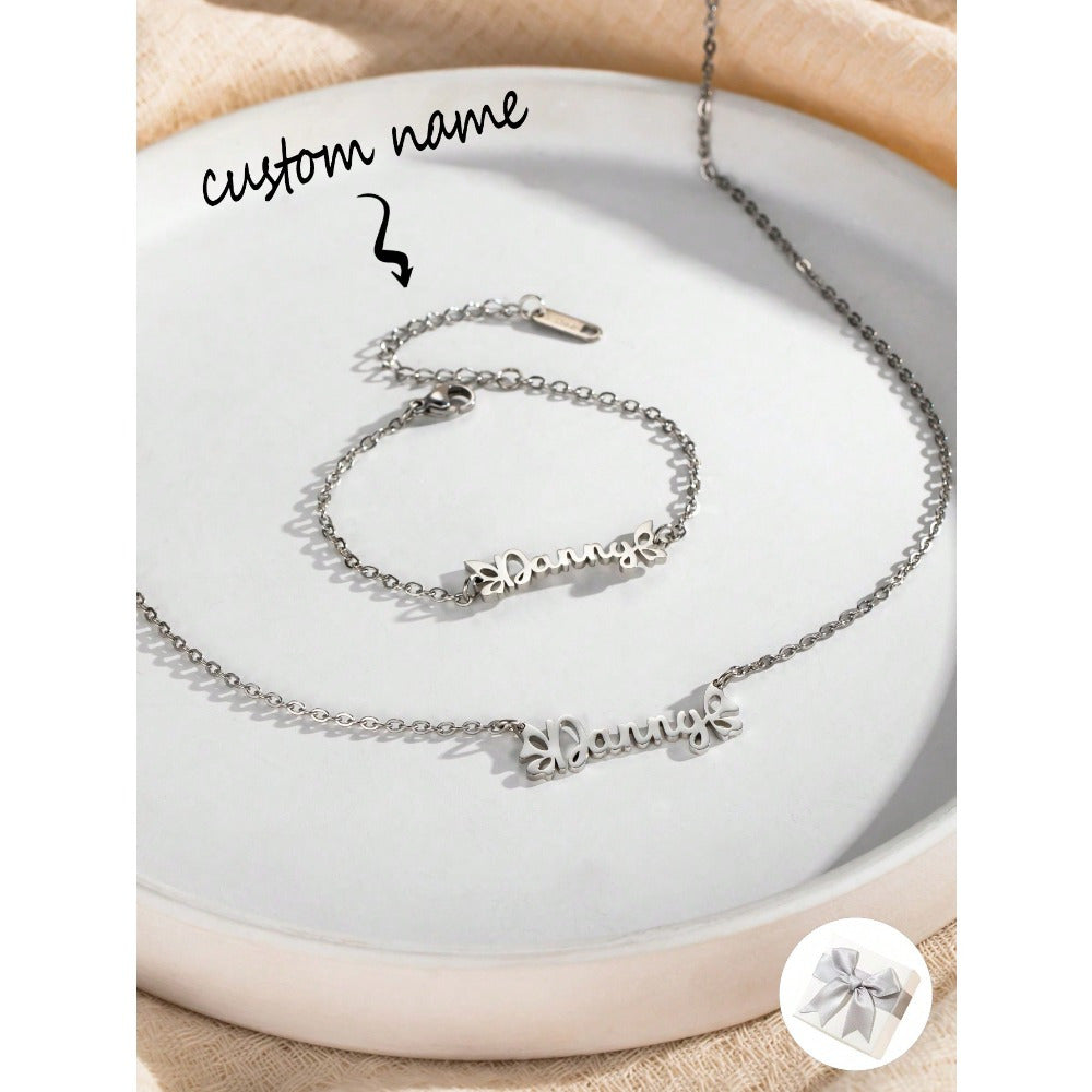 Conjunto de joyería con alas de mariposa personalizadas, collar y pulsera de acero inoxidable, regalo para mujeres