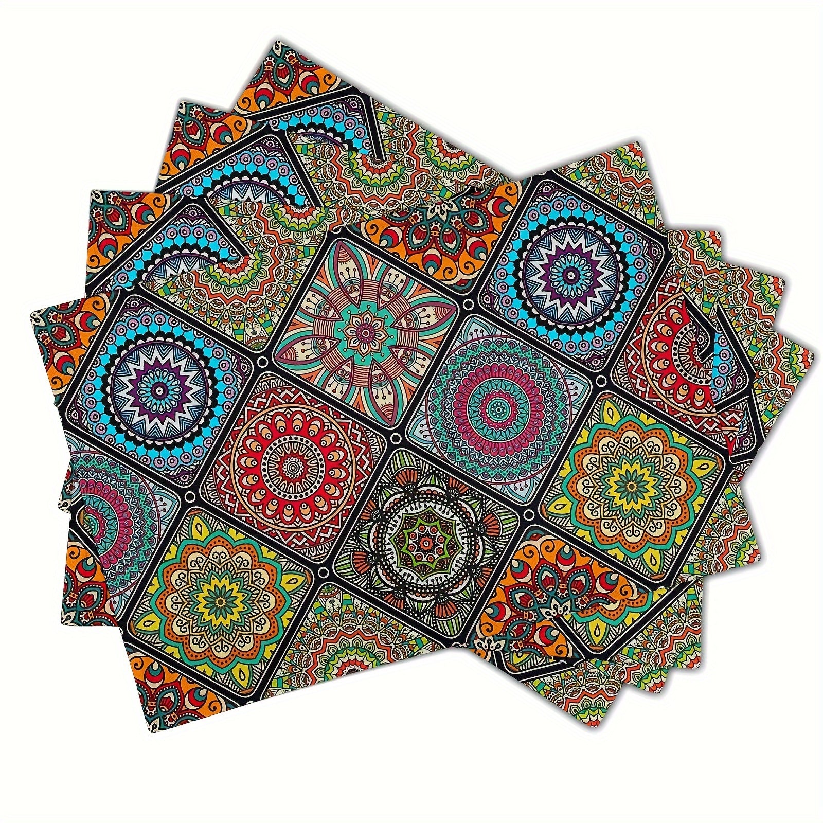 Set of 4 Boho Mandala Placemats with Mexican Ethnic Patterns and Geometric Designs