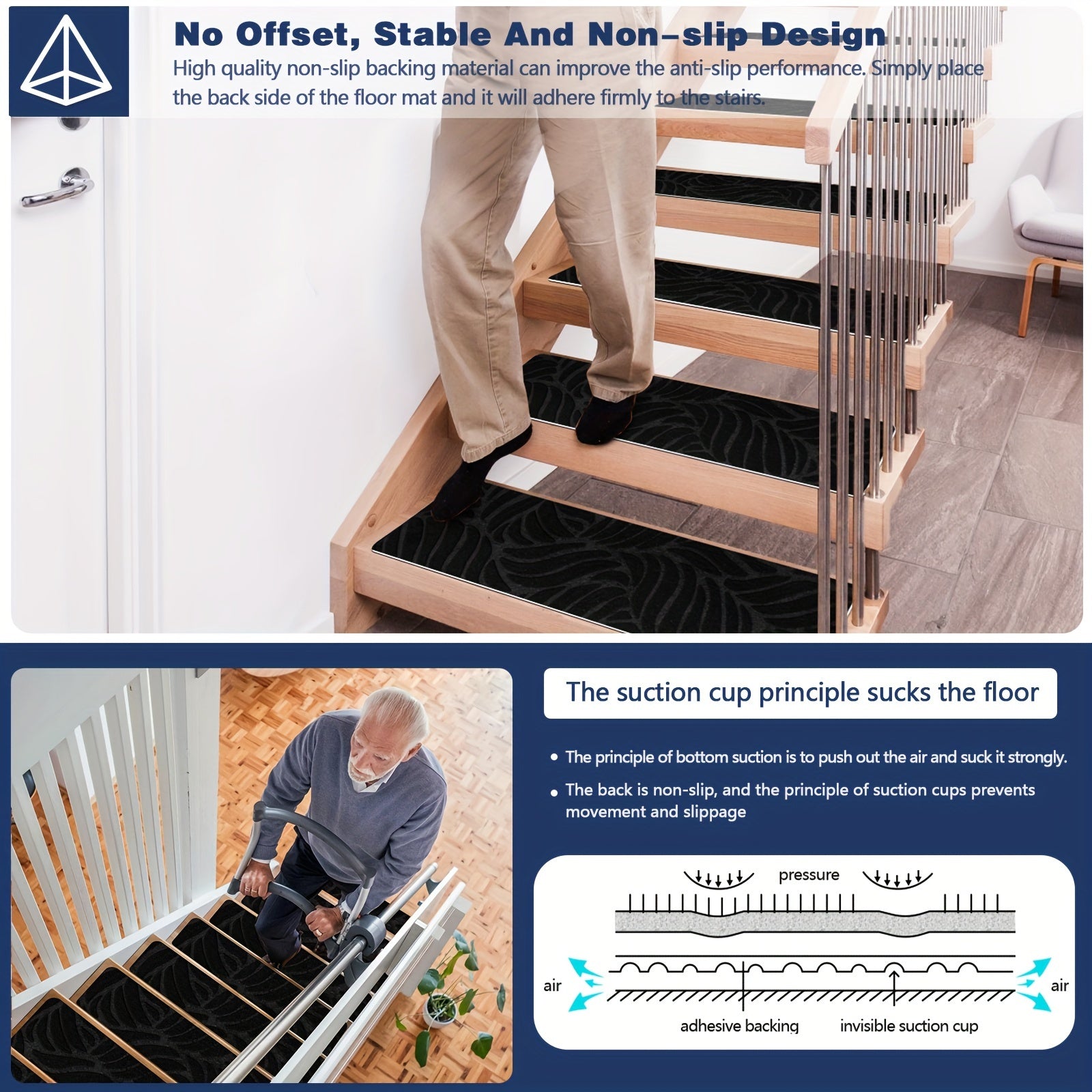 15 Pack Non-Slip Carpet Stair Treads for Wood Steps Indoor Washable Reusable