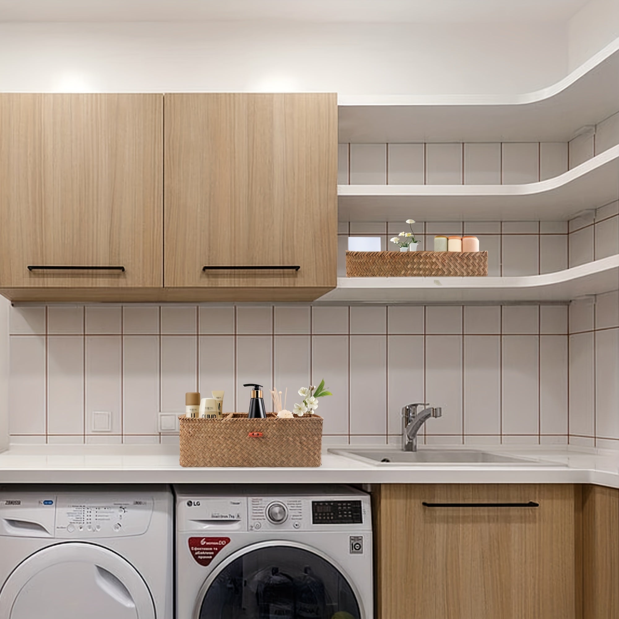 cesta de almacenamiento rectangular de hierba marina con tapa y compartimentos para juguetes, snacks y más