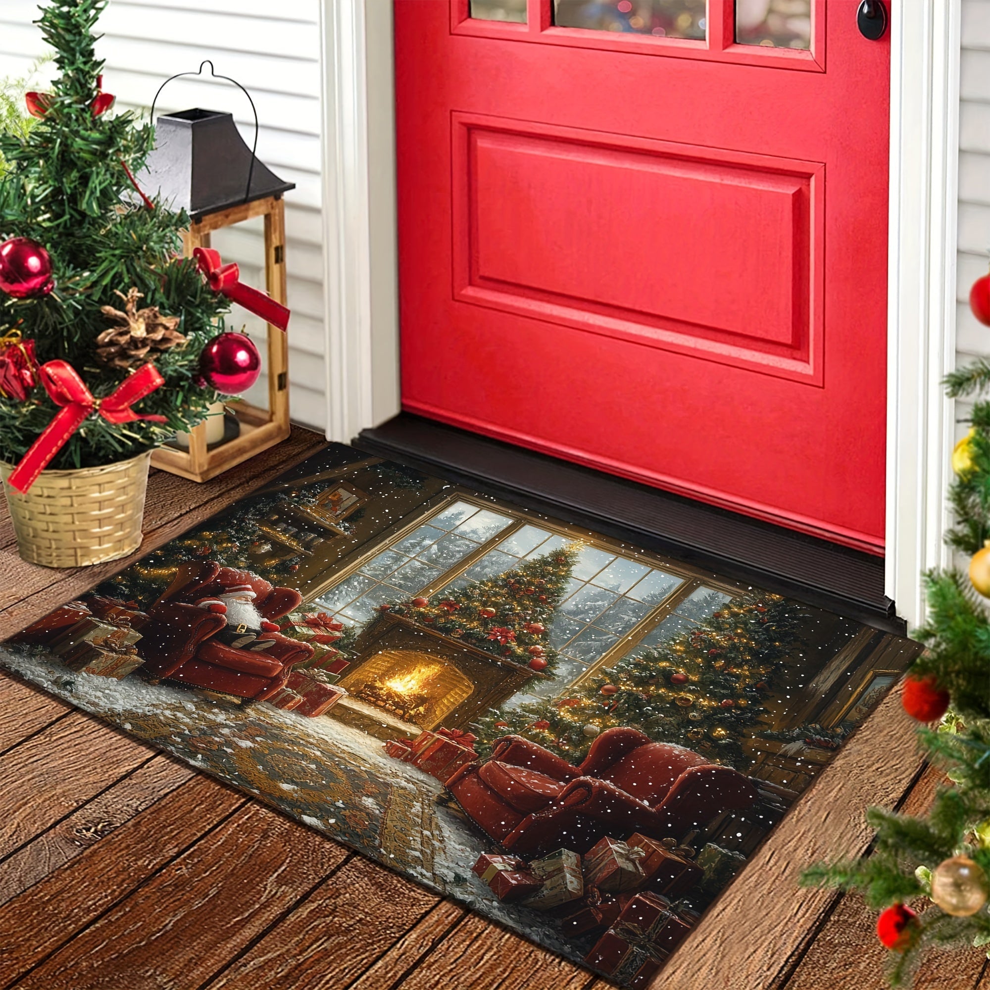 Non-Slip Christmas Doormat with Santa Fireplace Design Washable Polyester Rectangular Floor Mat
