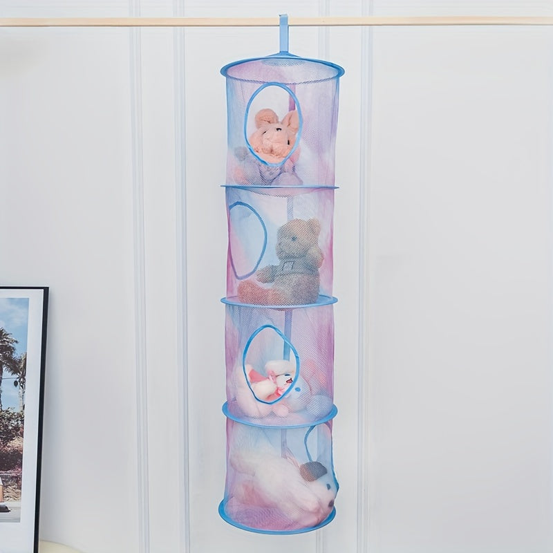 Gradient Polyester Hanging Toy Organizer 3-Tier Plush Storage Net for Stuffed Animals