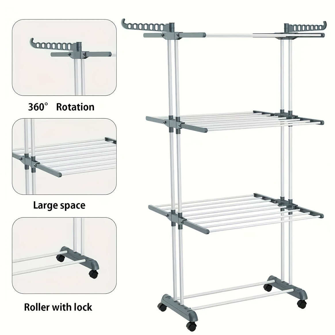 3-Tier Aluminum Clothes Drying Rack with Wheels Foldable Indoor Outdoor Laundry Organizer