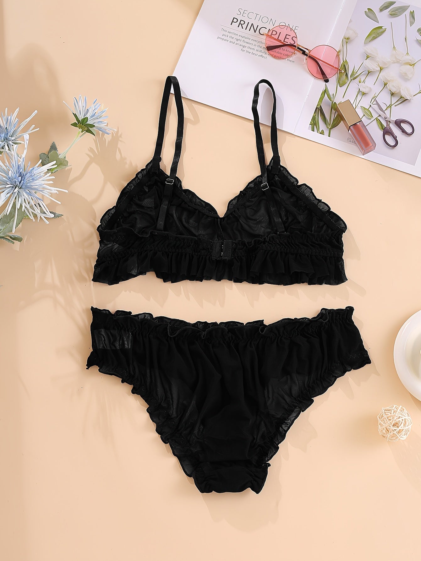 Women's Floral Lace Lingerie Set with Frill Trim and Bow Embellished Triangle Bra and Panty