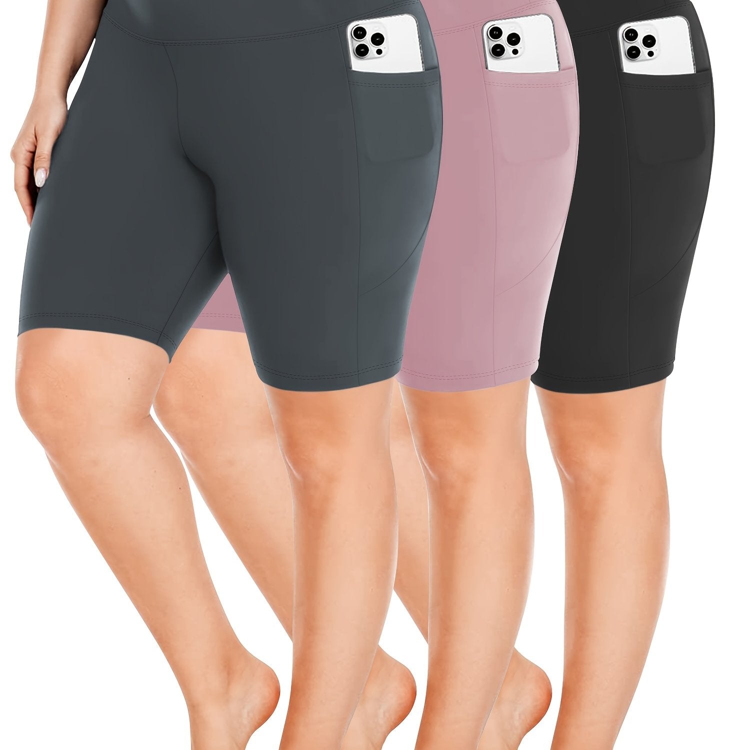 Ayollar uchun kattaroq o'lchamli yuqori belli bir rangli shortlar faoliyat kiyimlari to'plami, 3 ta