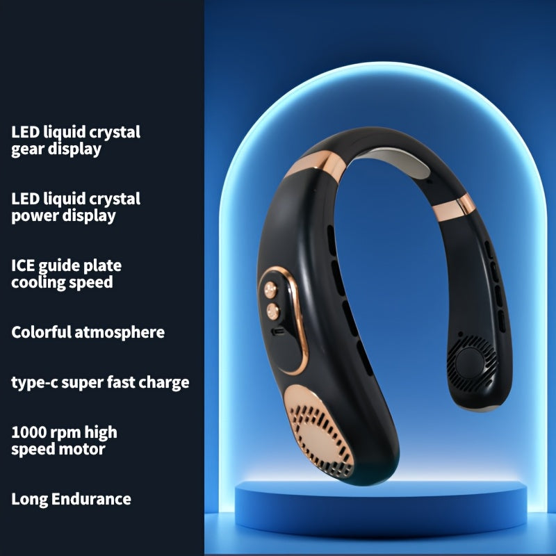 Portable Neck Fan with 7-Color LED Lights, Dual Turbo Outlets, 5-Speed