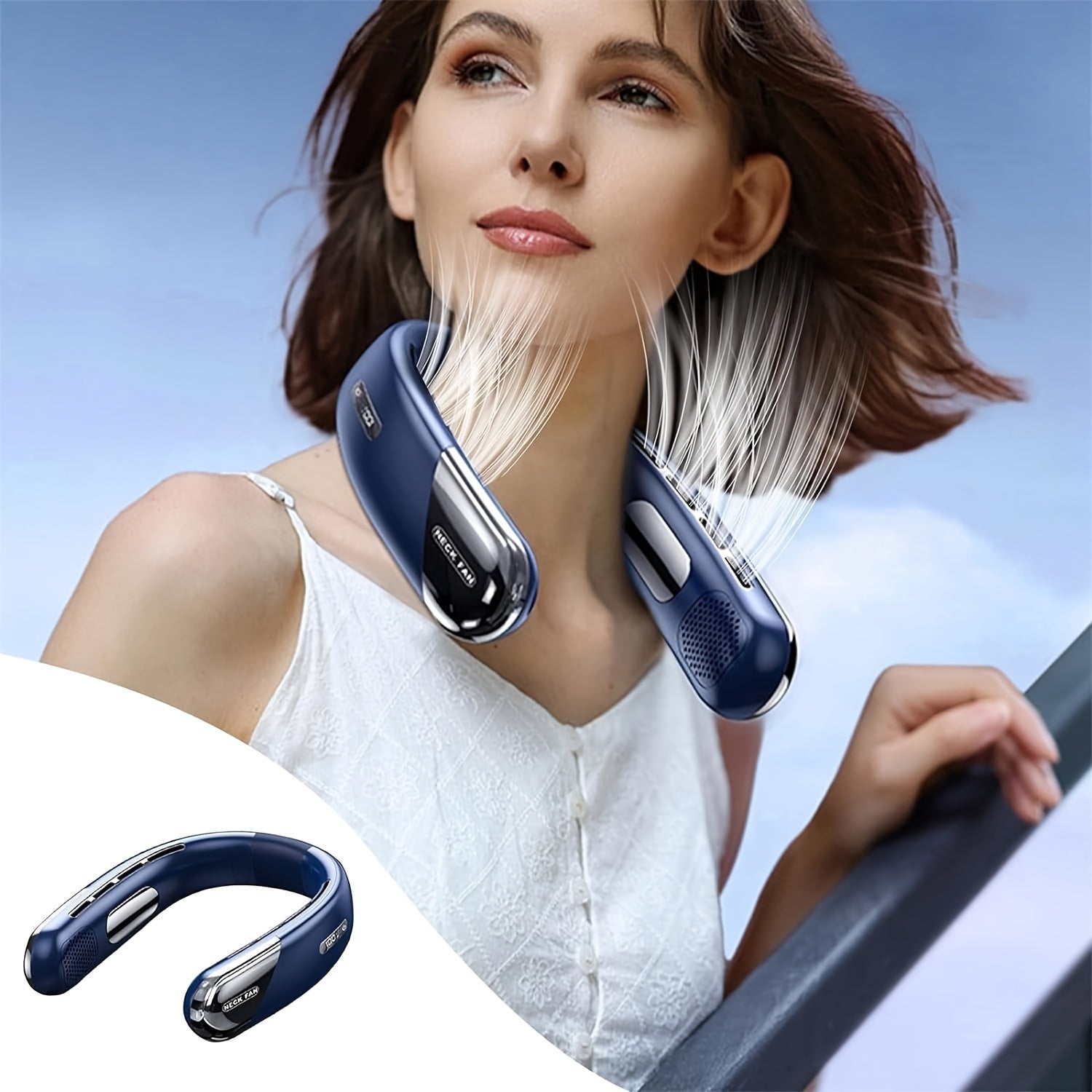 Noiseless Neck Fan with LED Screen, 5-Speed, Rechargeable, Portable for Outdoor and Travel