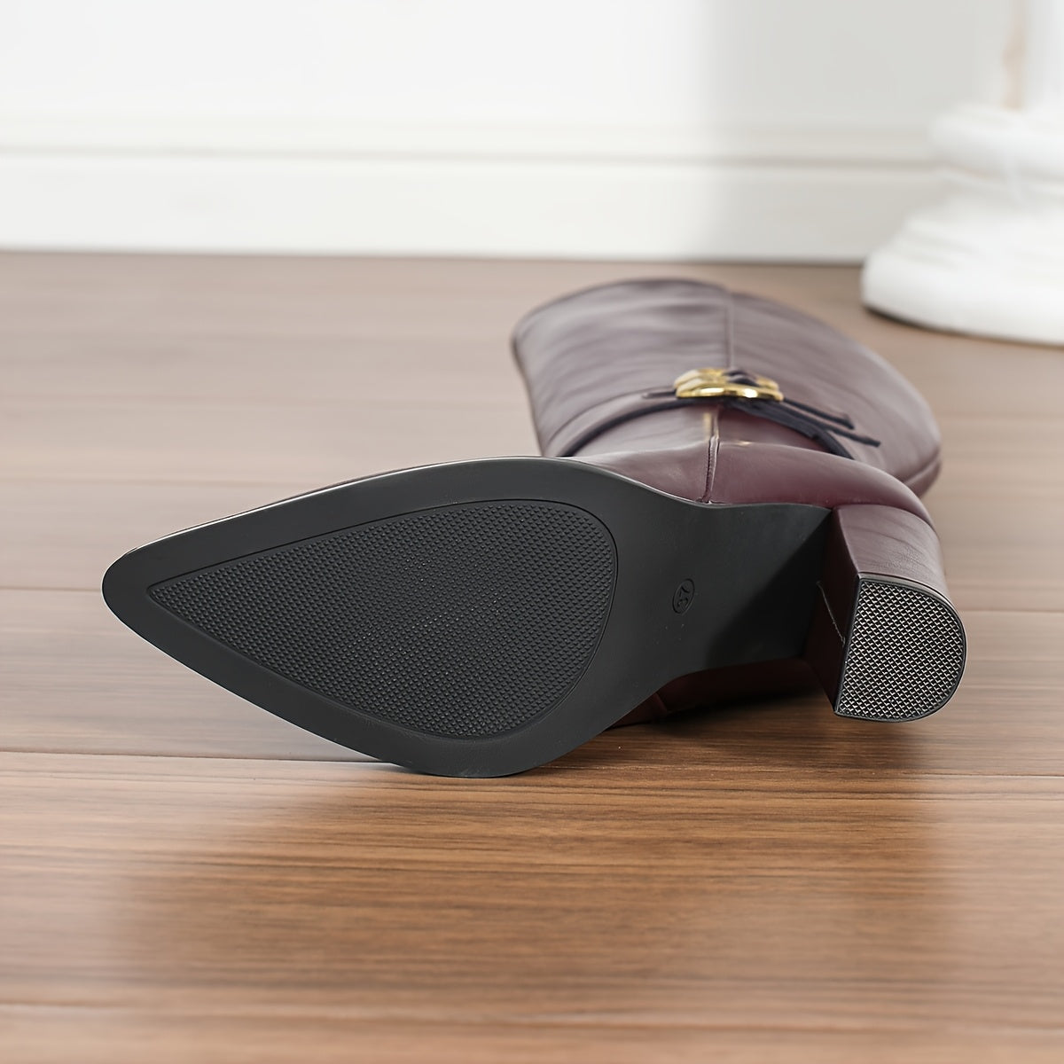 Women's Red Faux Leather Pointed Knee-High Boots Plus Size Winter