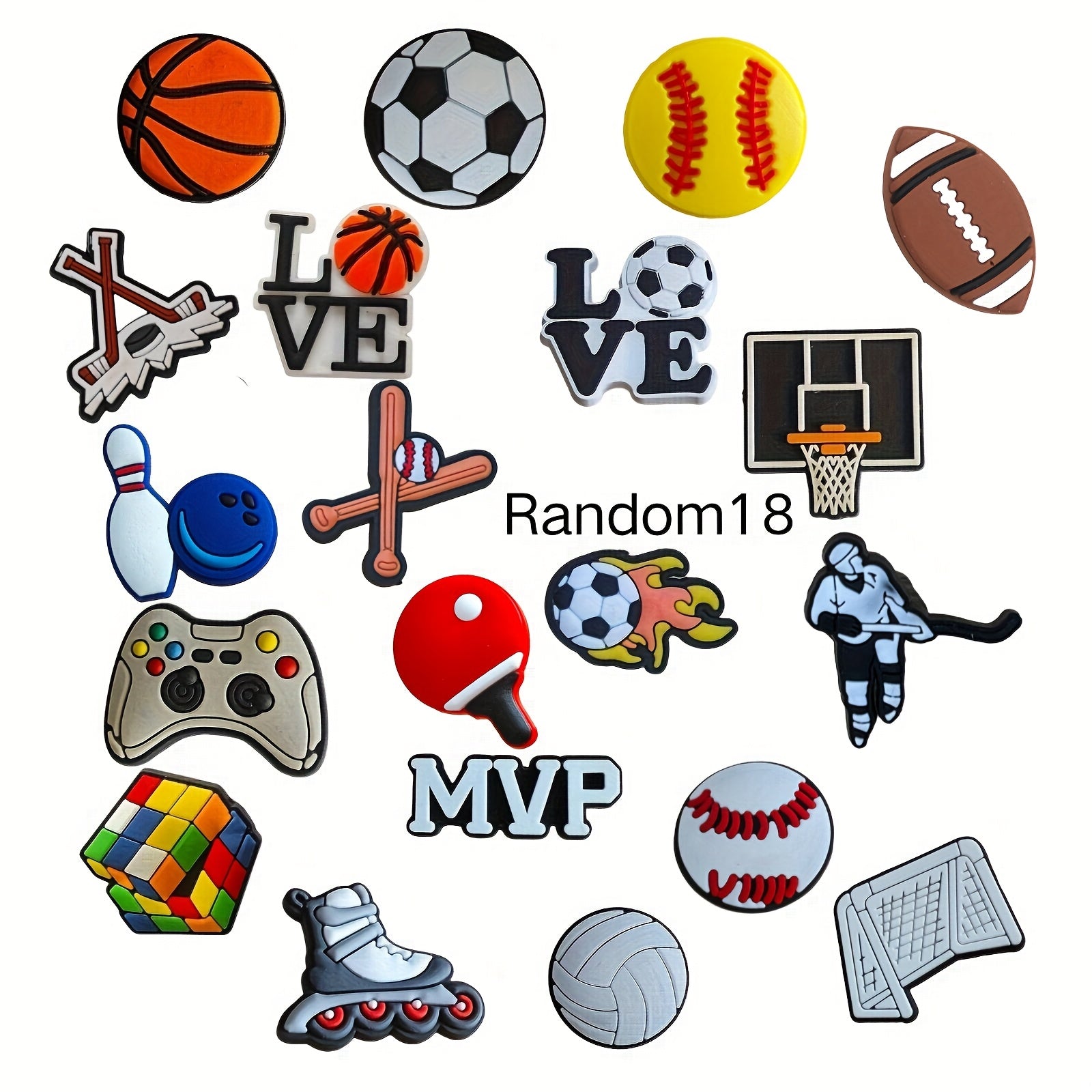 Unisex Shoe Charms 18pcs Set with Sports Balls for Sandals and Gifts