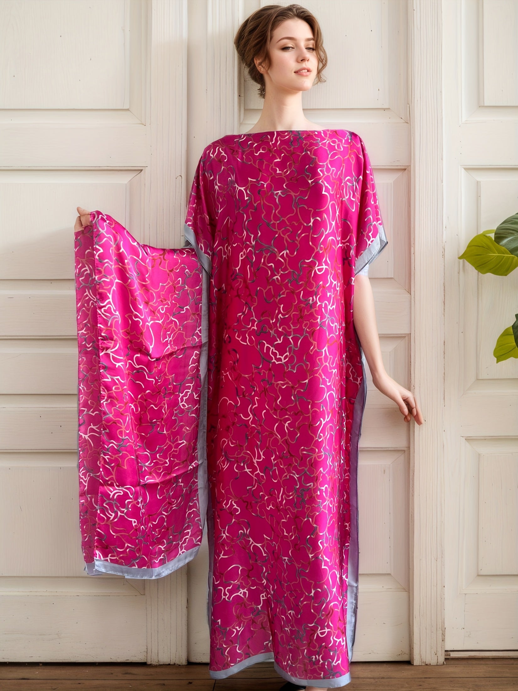 Plus Size Women's Pink Geometric Print Abaya With Headscarf Loose Fit Dress