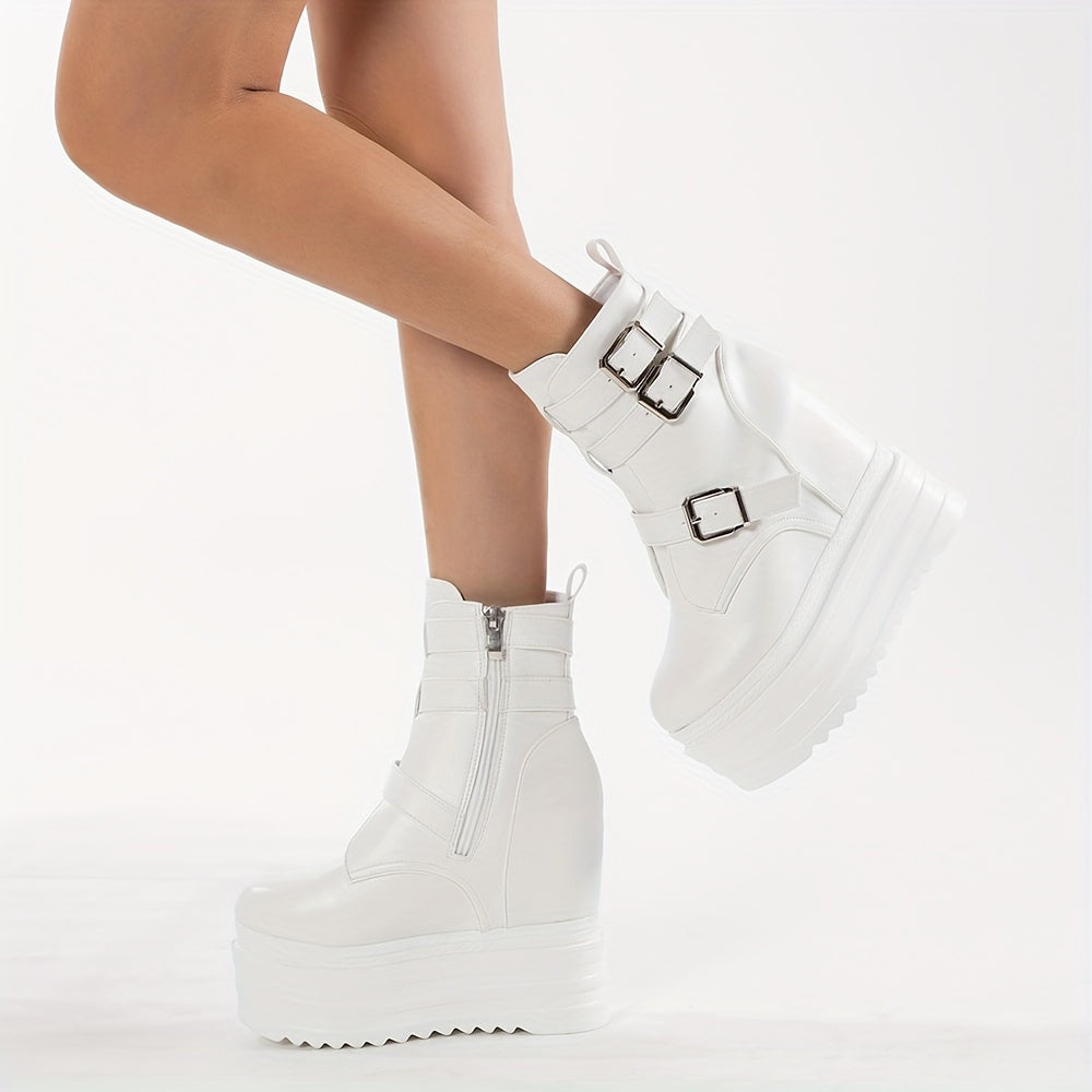 Women's Punk-Inspired Platform Ankle Boots with Buckle Zipper Black White