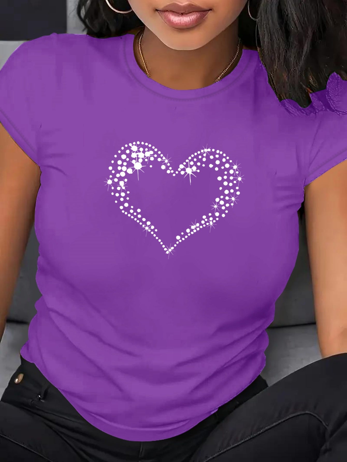 Women's Large Fit Heart Print T-Shirt - Soft Breathable Polyester Casual Short Sleeve