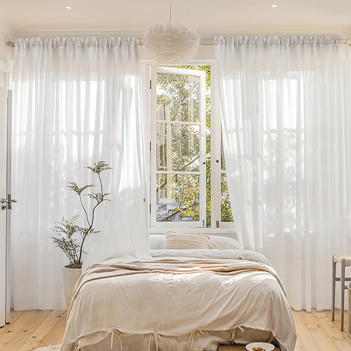 White Sheer Curtain with Rod Pocket for Living Room and Bedroom Decor