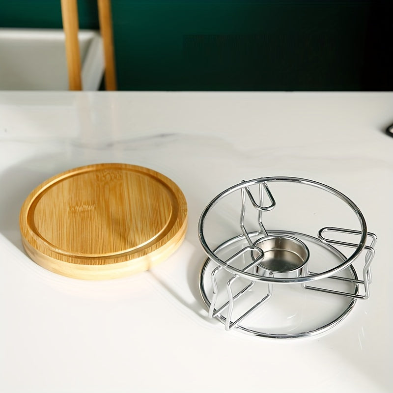 Stainless Steel Candle Holder with Wooden Base for Tea Coffee Heating and Beverage Accessories