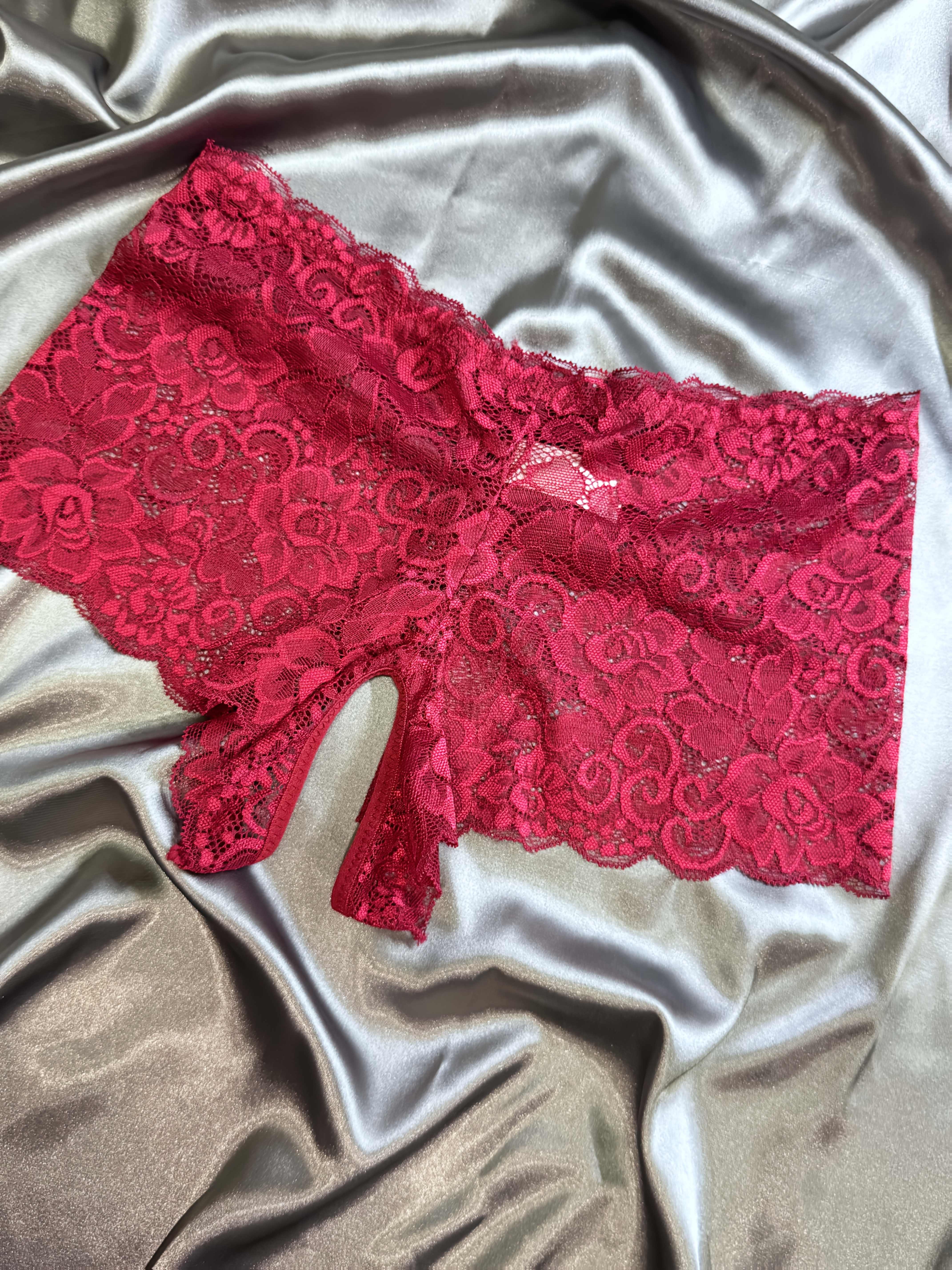 Women's Red Lace Open-Crotch Panties with Bow Details for Valentine's Day