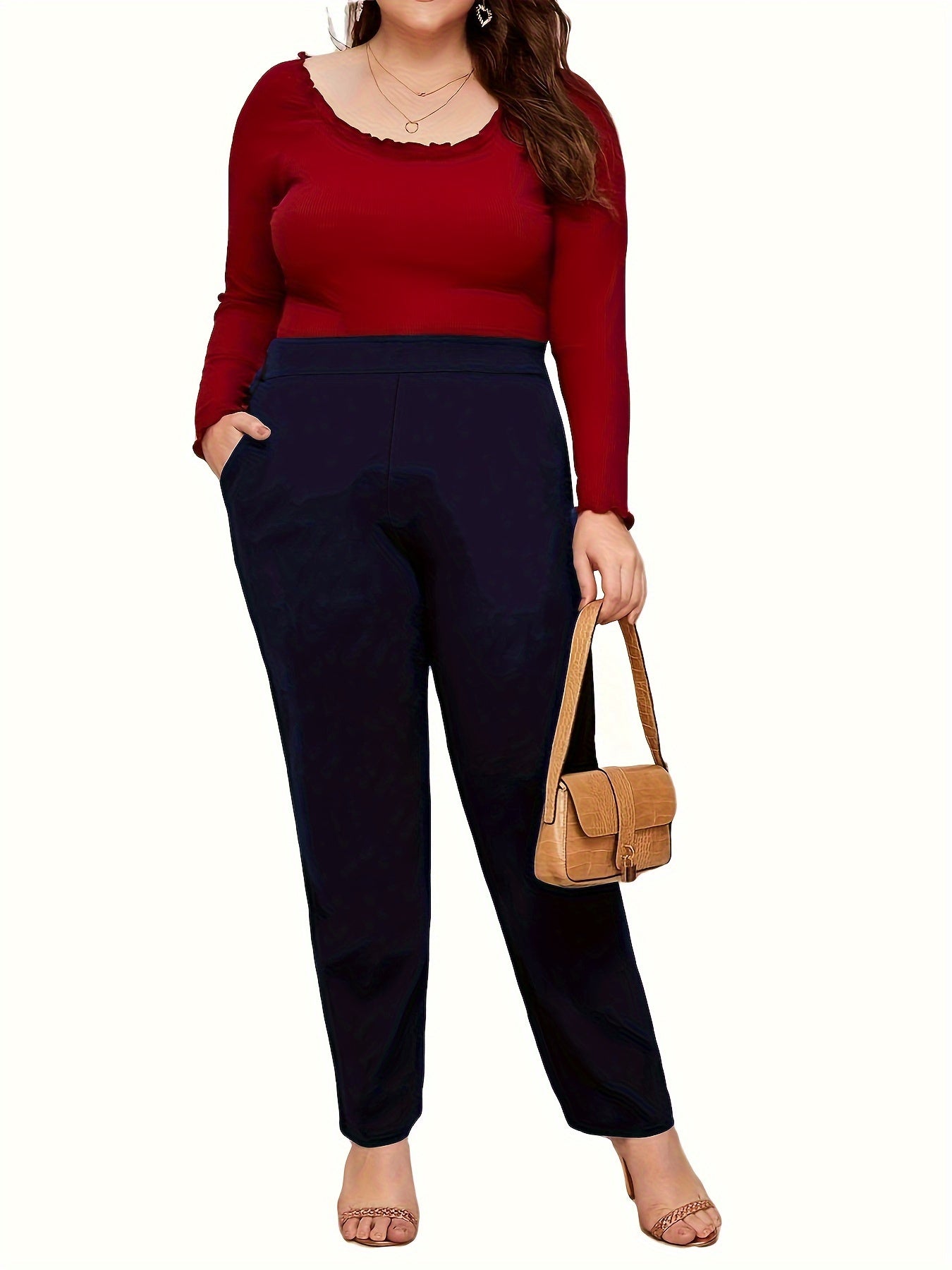 Women's Plus Size Straight Leg Casual Pants Solid Color High Waist