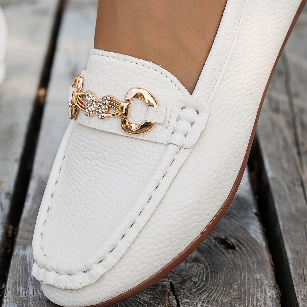 Women’s Faux Leather Slip-On Loafers with Crystal Accents Beige Non-Slip Sole