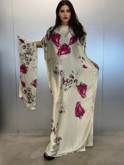 Plus Size Floral Print Abaya with Batwing Sleeves Maxi Dress Polyester