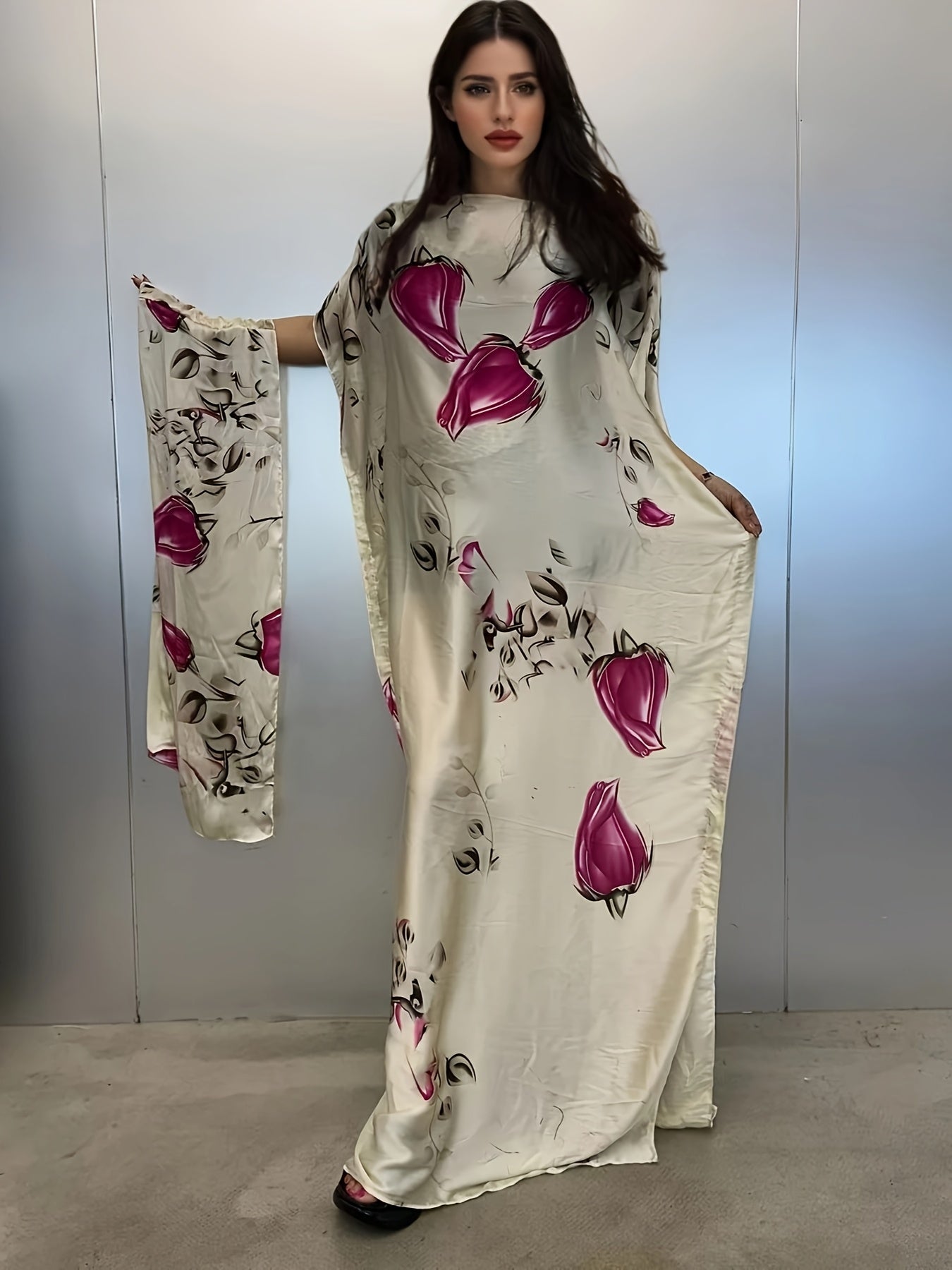Plus Size Floral Print Abaya with Batwing Sleeves Maxi Dress Polyester
