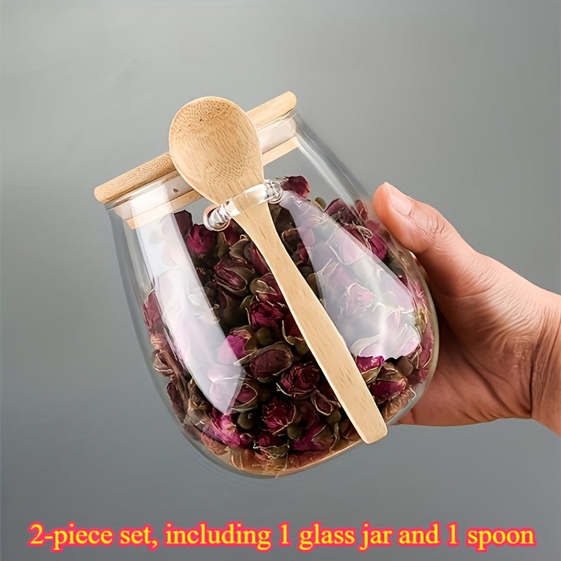 Set of 2 Glass Jars with Wooden Lids and Spoons for Coffee Tea Spices