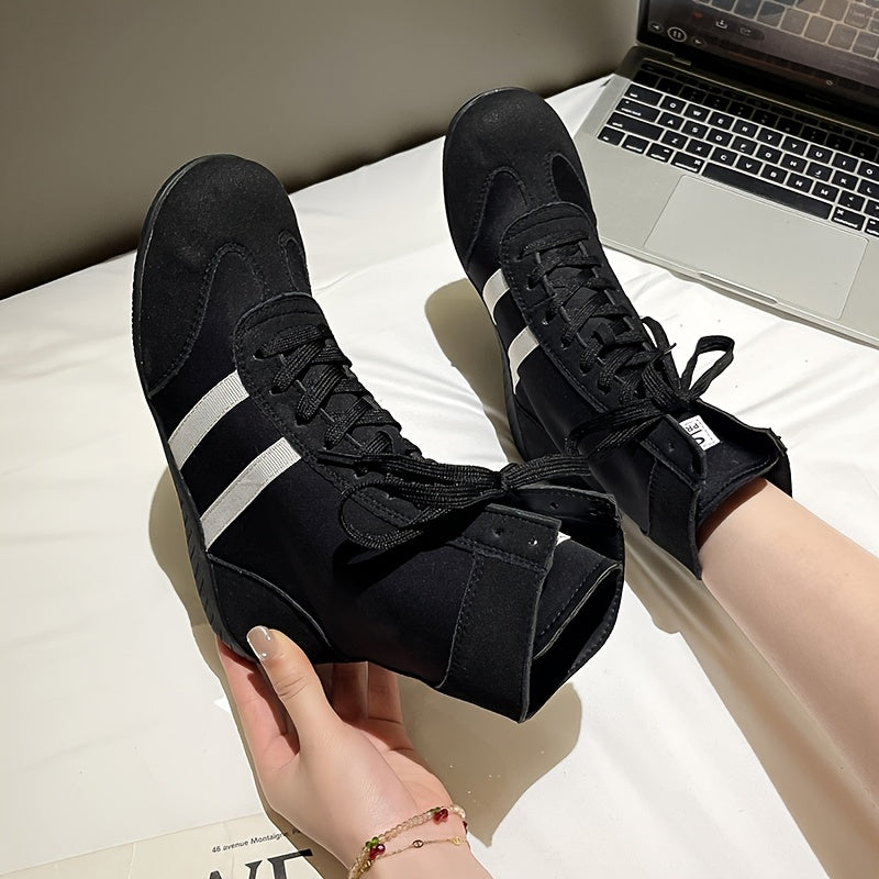 Women's Mid-Calf Lace-Up Boots with Flat Sole Non-Slip Rubber Black