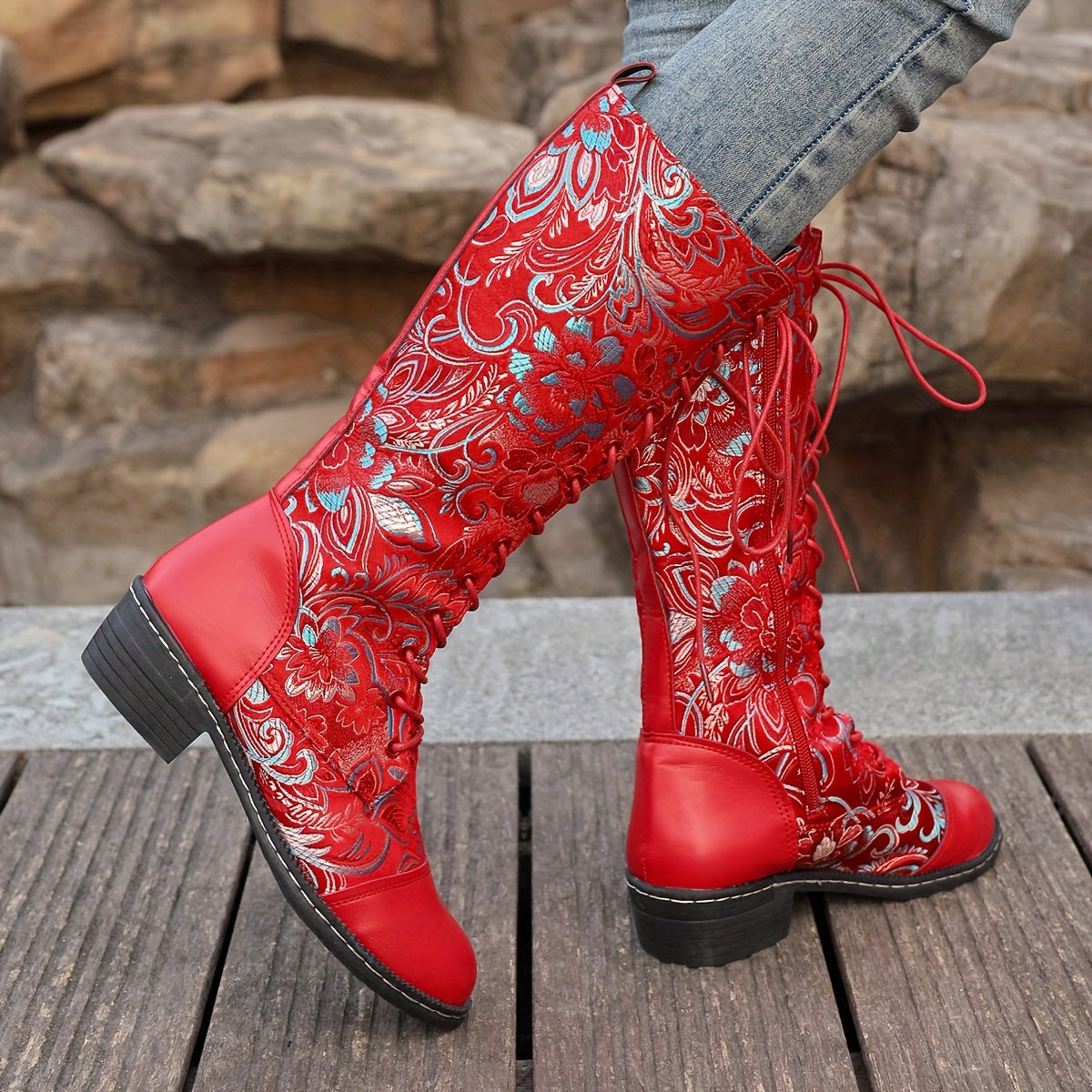 Women's Ethnic Style Lace-Up Mid-Calf Boots Colorful Patterns Casual Shoes