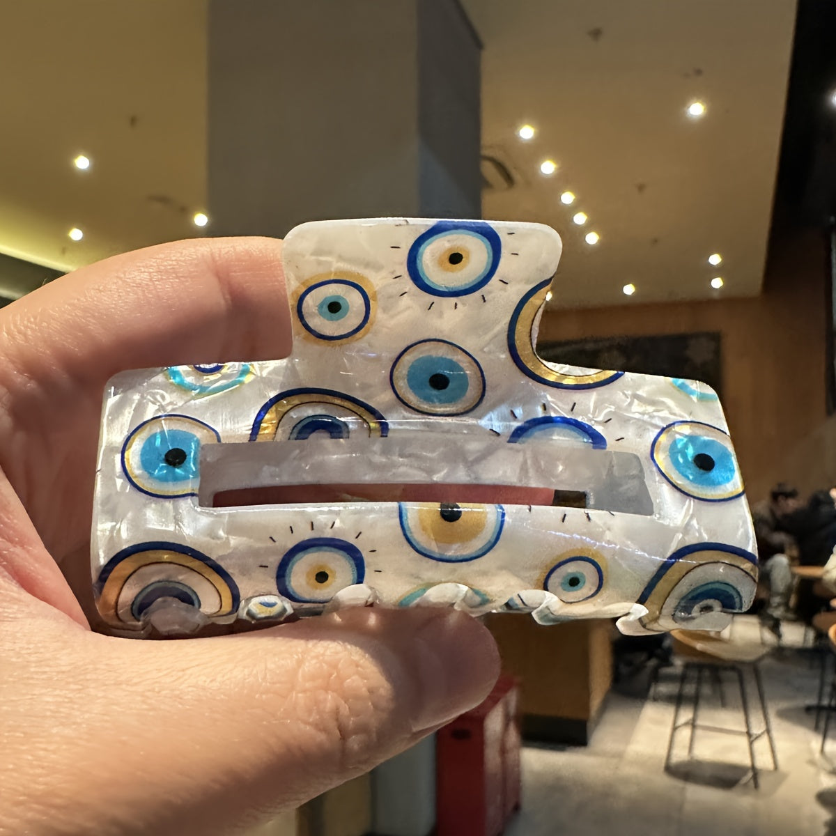 Medium-Sized Transparent PVC Hair Claw Clip with Blue Evil Eye Pattern for Women