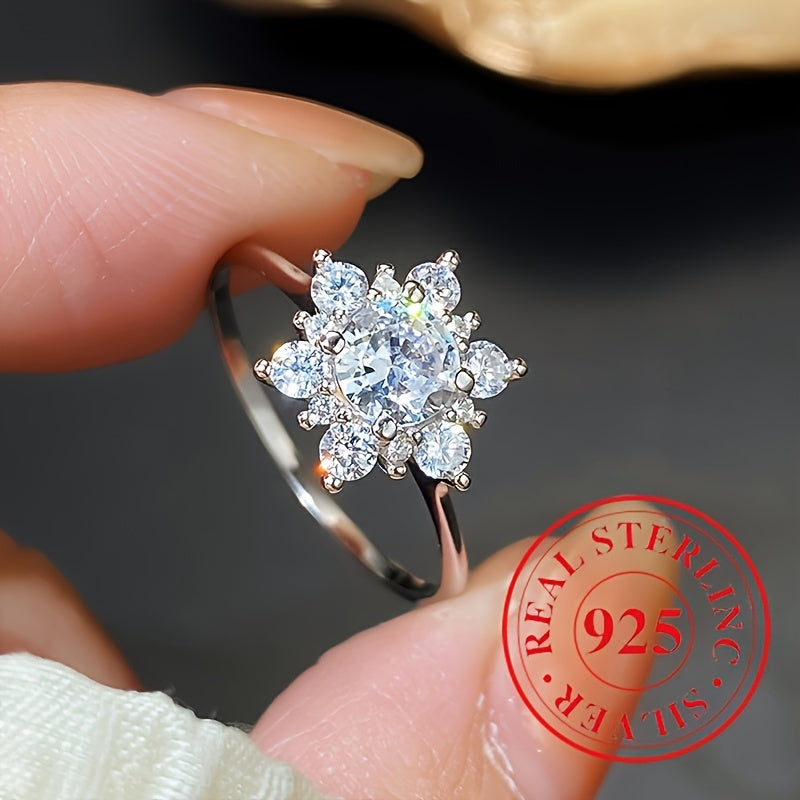 Sterling Silver Flower Cluster Ring with Cubic Zirconia Snowflake Band Wedding Jewelry
