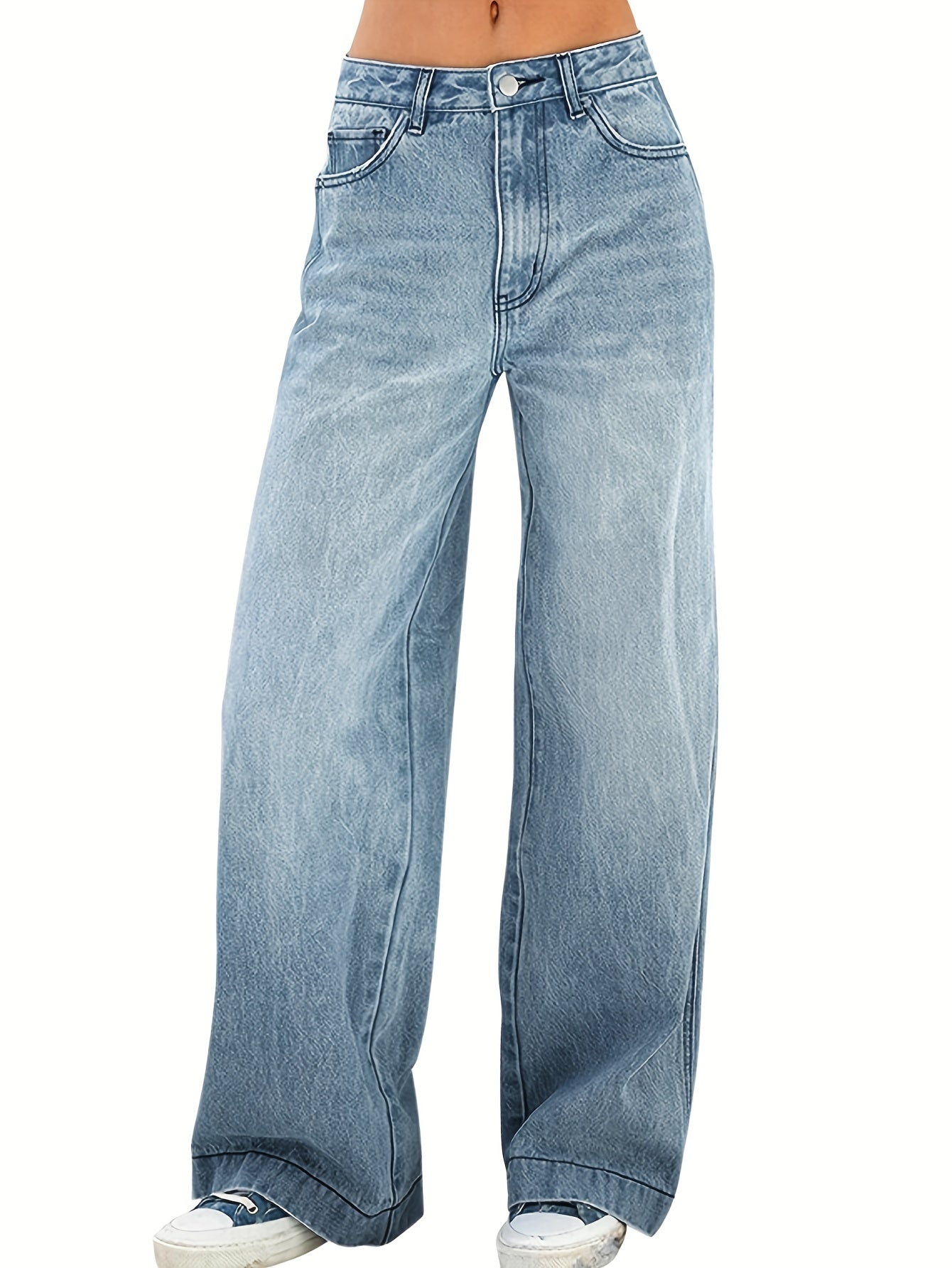 Women's Wide Leg Jeans in Washed Blue Denim Casual Long Fit