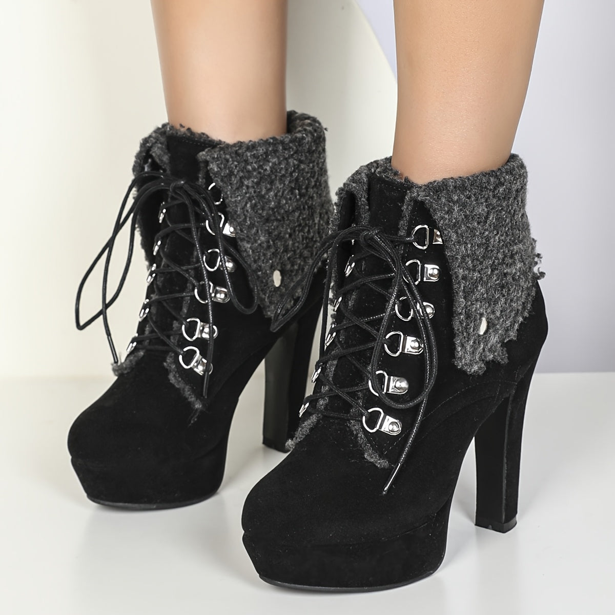 Women Faux Fur-Lined Ankle Boots Round Toe Block Heel Winter Snow Boots