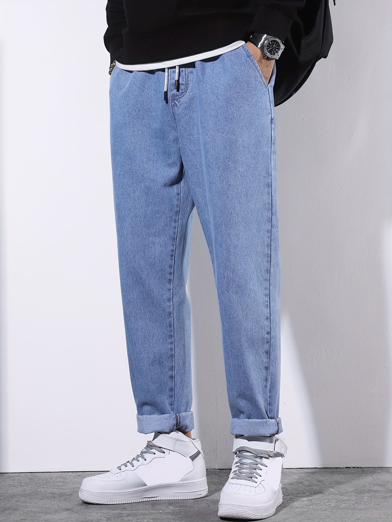 Men's Denim Pants Regular Fit Solid Wash Cotton Blend Casual Drawstring Waist