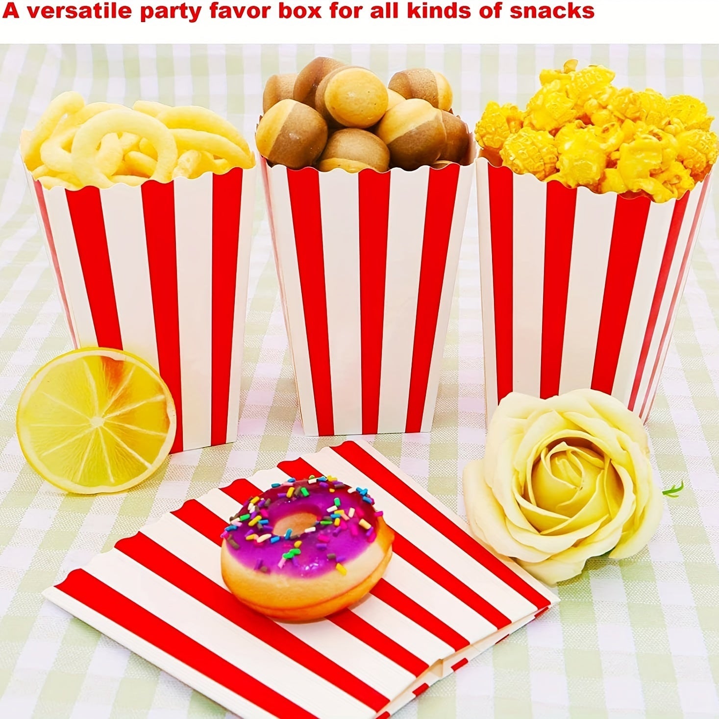 100 Disposable Red and White Popcorn Boxes 2.27oz for Movie Theater Carnival