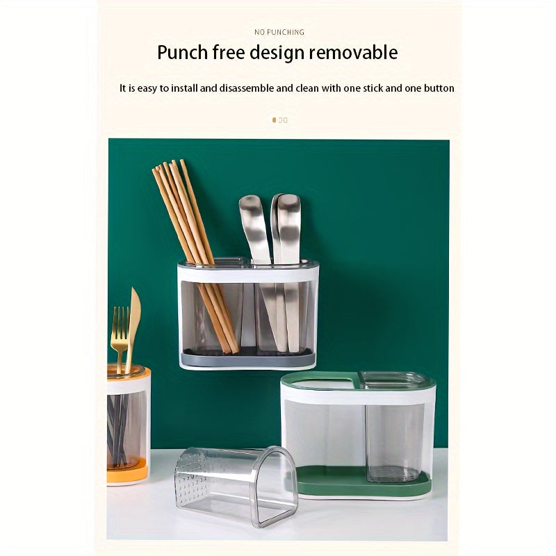 Wall-Mounted Kitchen Utensil Organizer with Drainage, Drill-Free Chopstick Holder