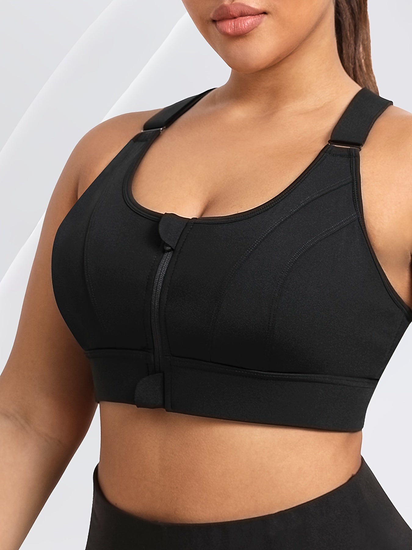 Plus Size Women's Sports Bra High Support Zipper Knit Solid Color