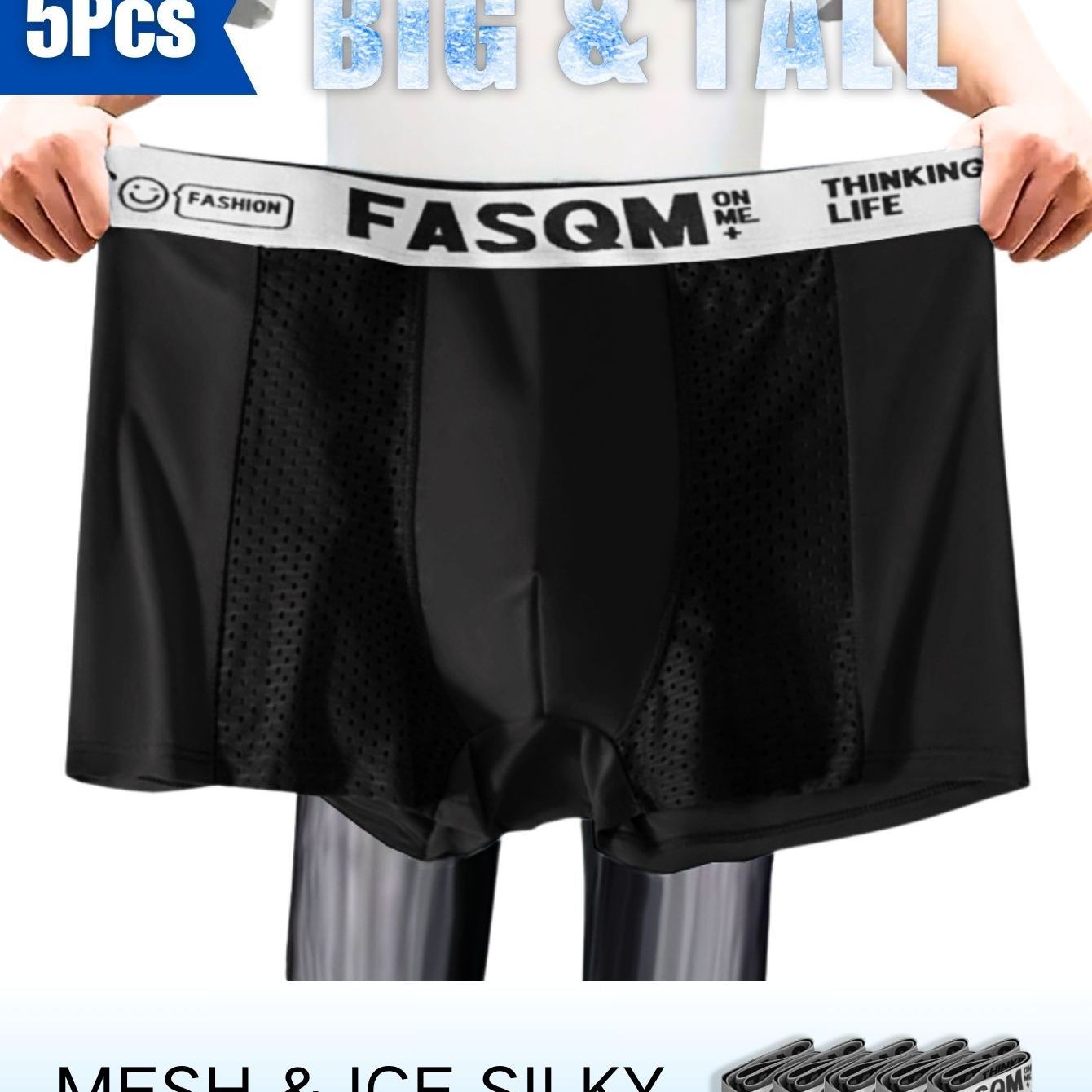 Plus Size Breathable Mesh Boxer Briefs 5-Pack with Solid Colors and Contrast Mesh Details