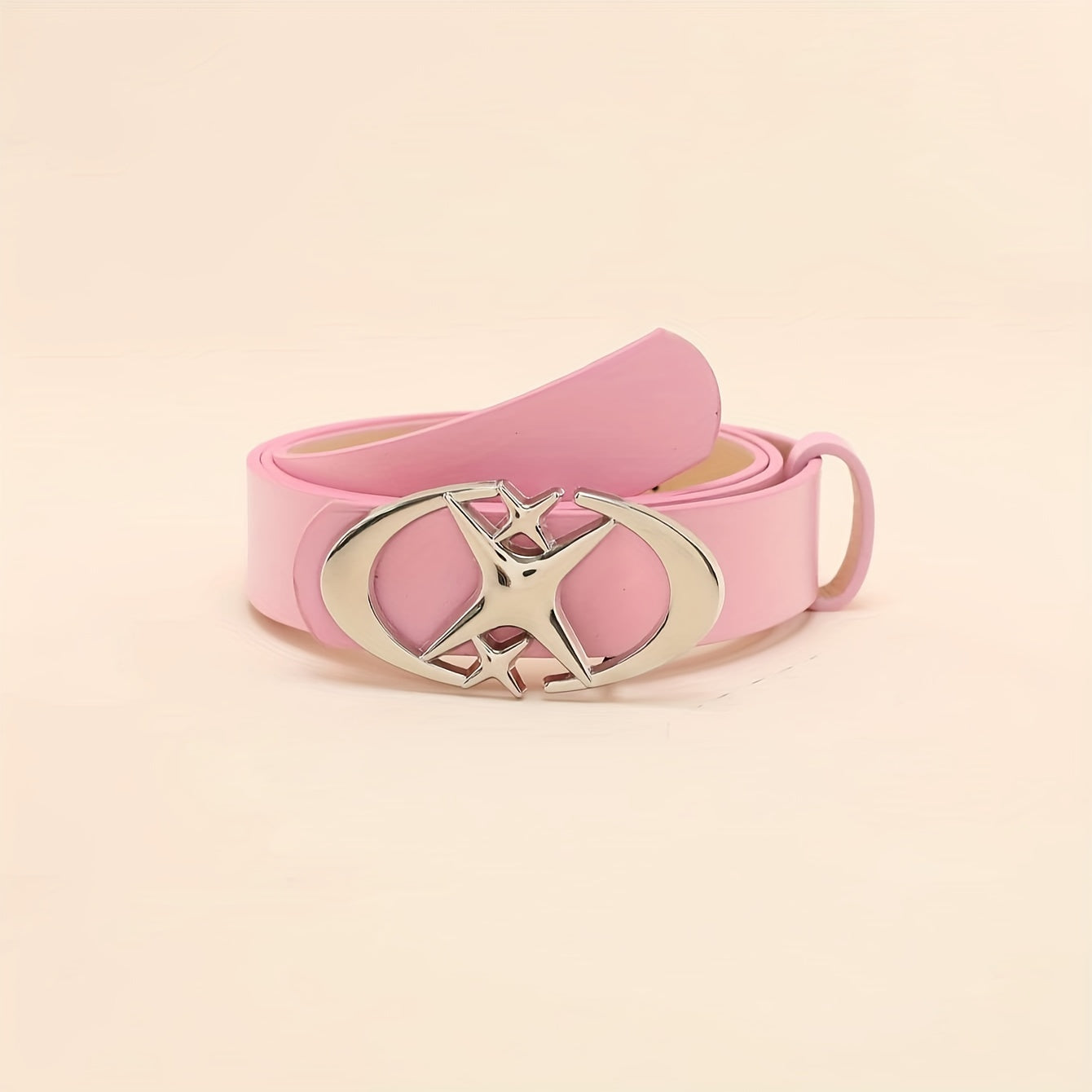 Women's Oval Star Buckle Belt in Solid PU Leather for Casual Jeans