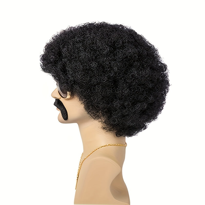 Set of 5 African Men Wigs Disco Natural Short Black Curly Synthetic with Accessories