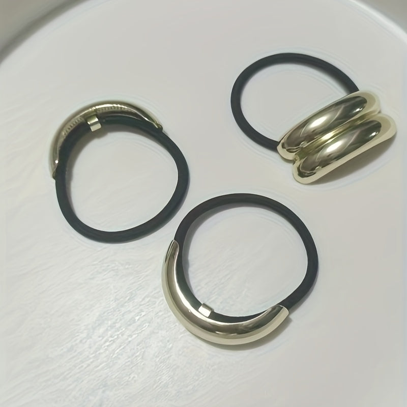 Set of 3 Gold Alloy Hair Ties for Women and Girls Elastic Ponytail Holders Stylish Updos