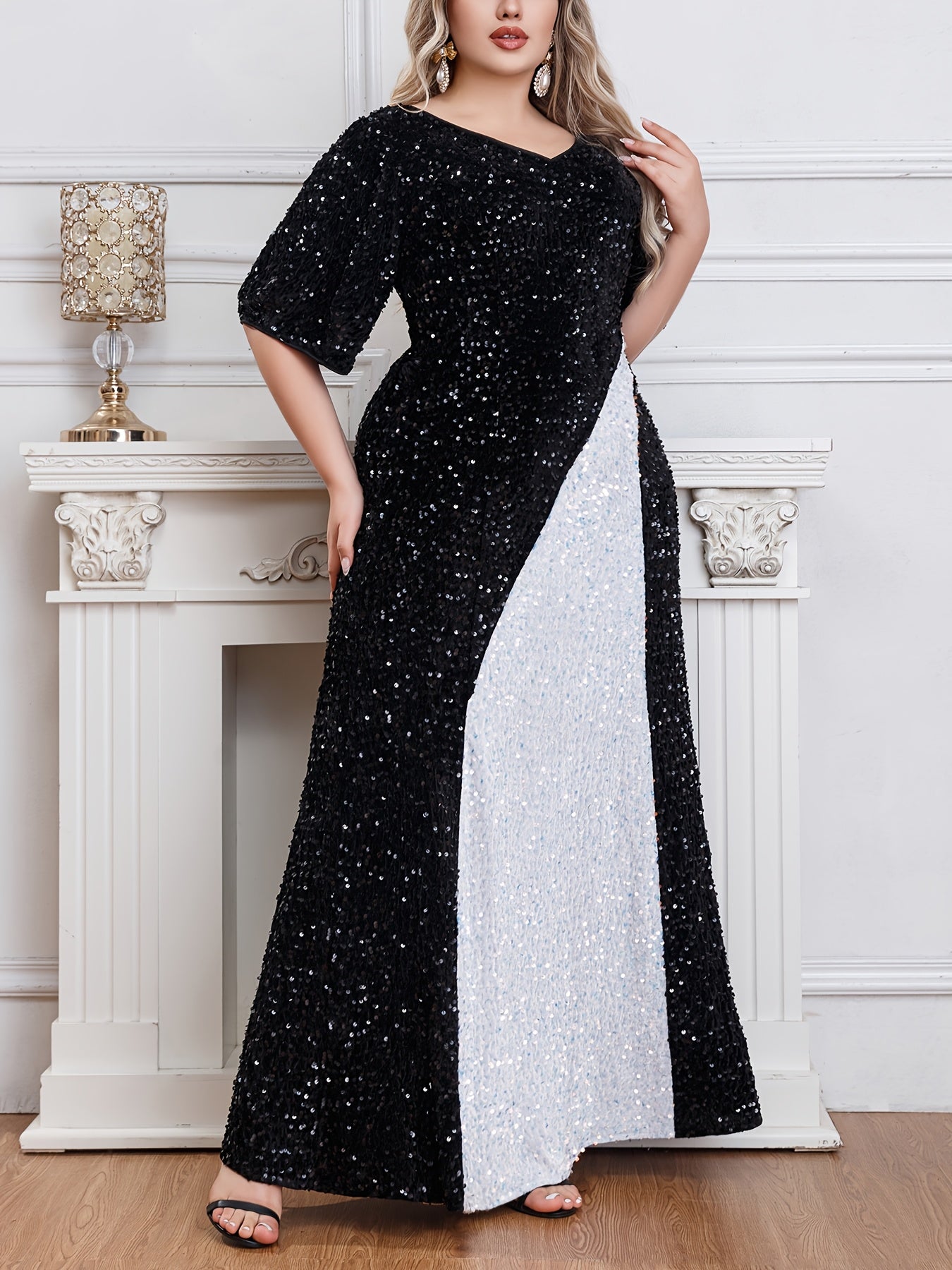 Plus Size Black Night Starry Sky Sequin Dress Evening Gown
