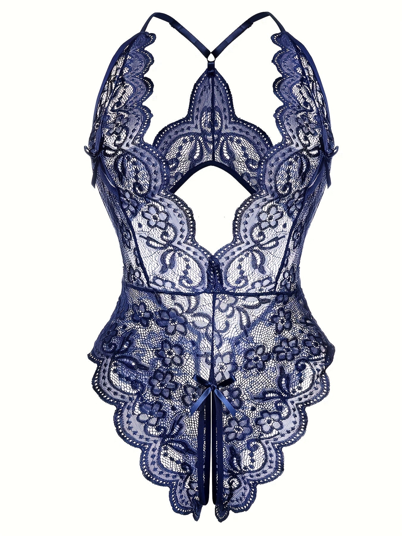 Plus Size Lace Bodysuit Women's Crotchless Halter Teddy with Rhinestones