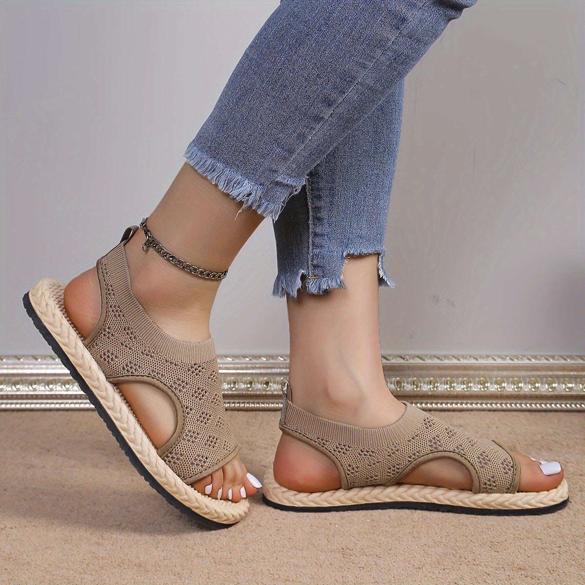 Women's Knit Slip-On Sandals Soft Sole Non-Slip Beach Shoes