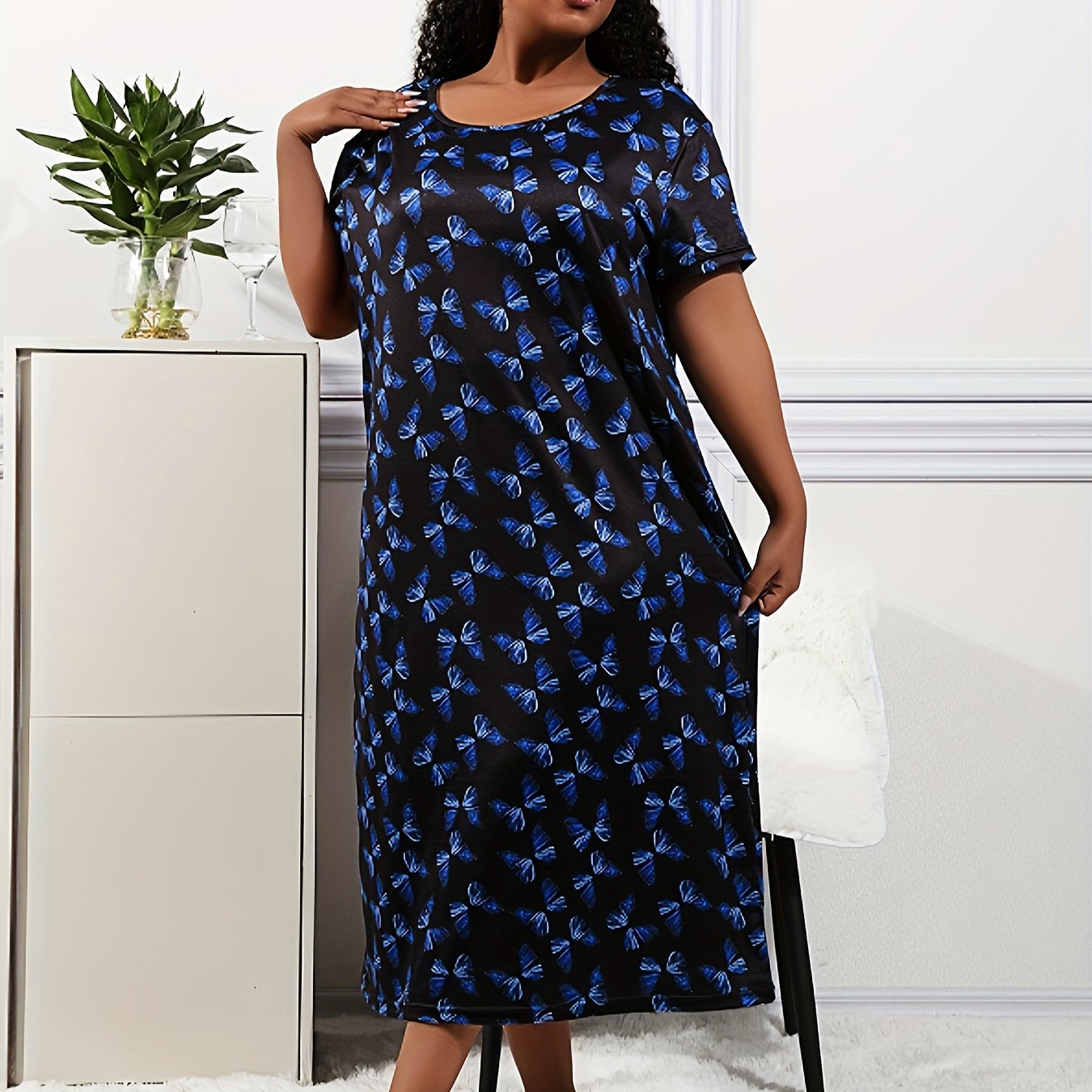Plus Size Women's Colorful Butterfly Print Sleep Dress Casual Lounge Nightgown