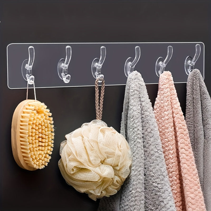 6-Hook Transparent Adhesive Wall Mount Hooks for Clothes Hats Bathroom Storage
