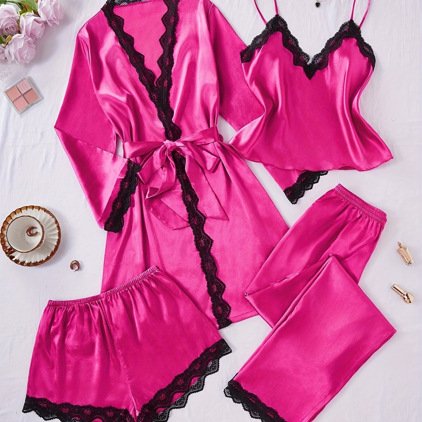 Women's Solid Polyester Pajama Set with Lace Trim Camisole Shorts Pants and Robe