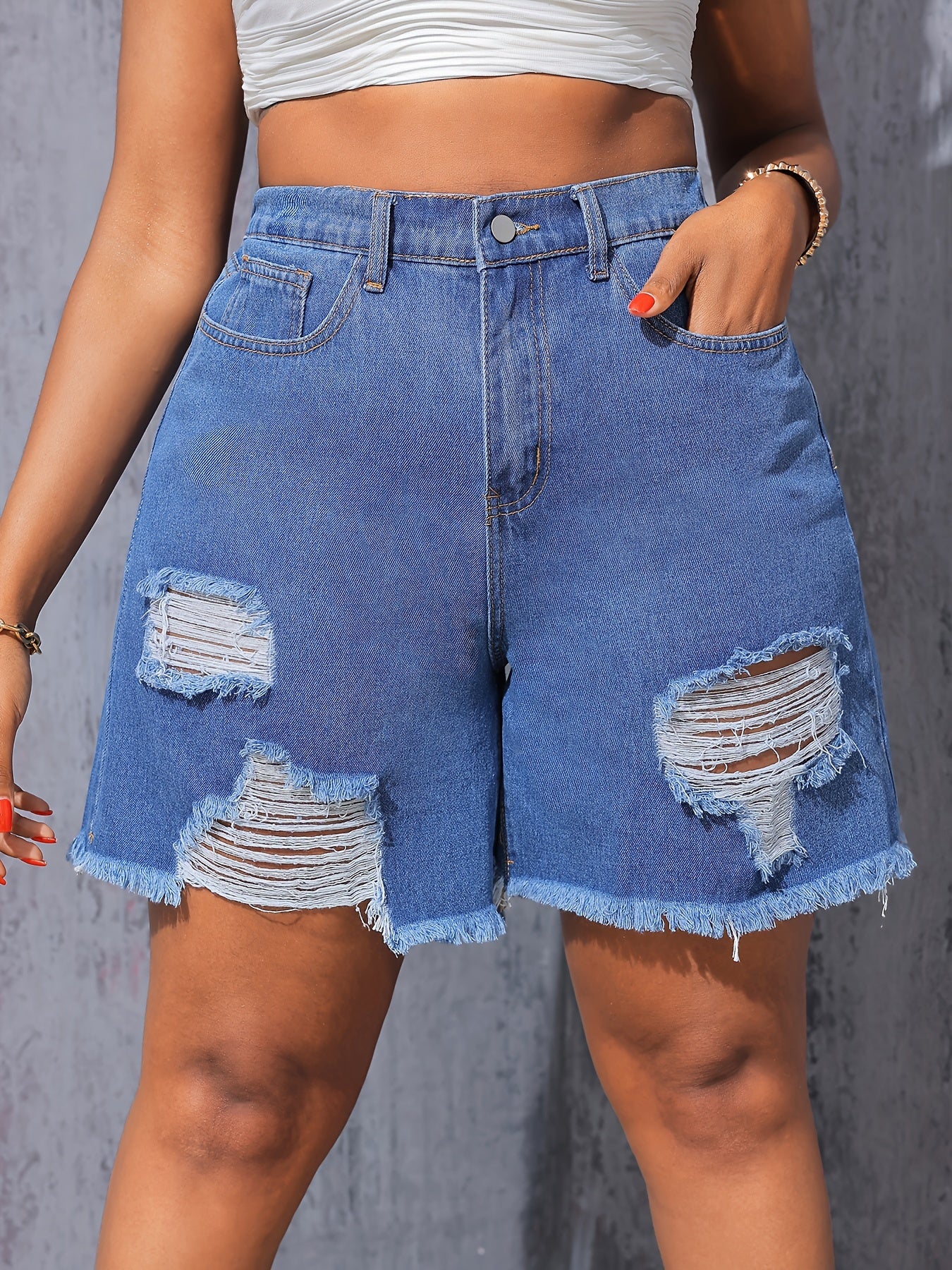 Women's High-Waisted Light Blue Ripped Denim Shorts for Summer