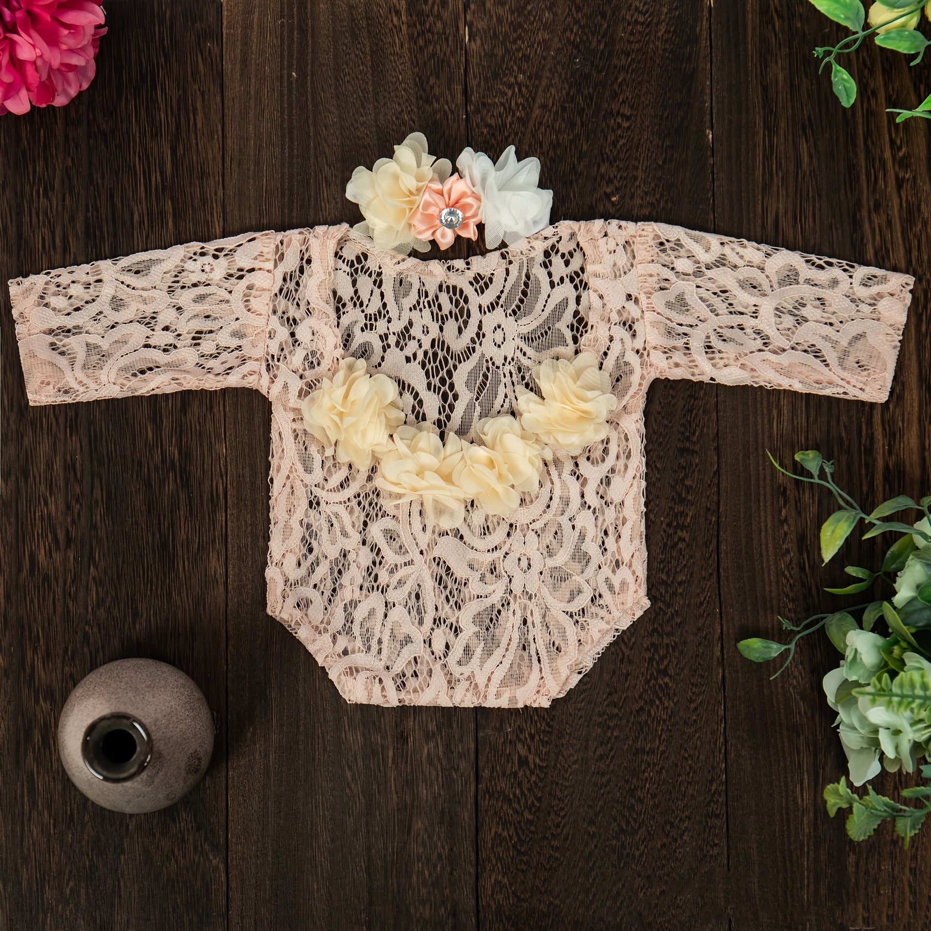 Infant Lace Romper with Headband and Hair Accessories Chiffon Embroidered Pearls